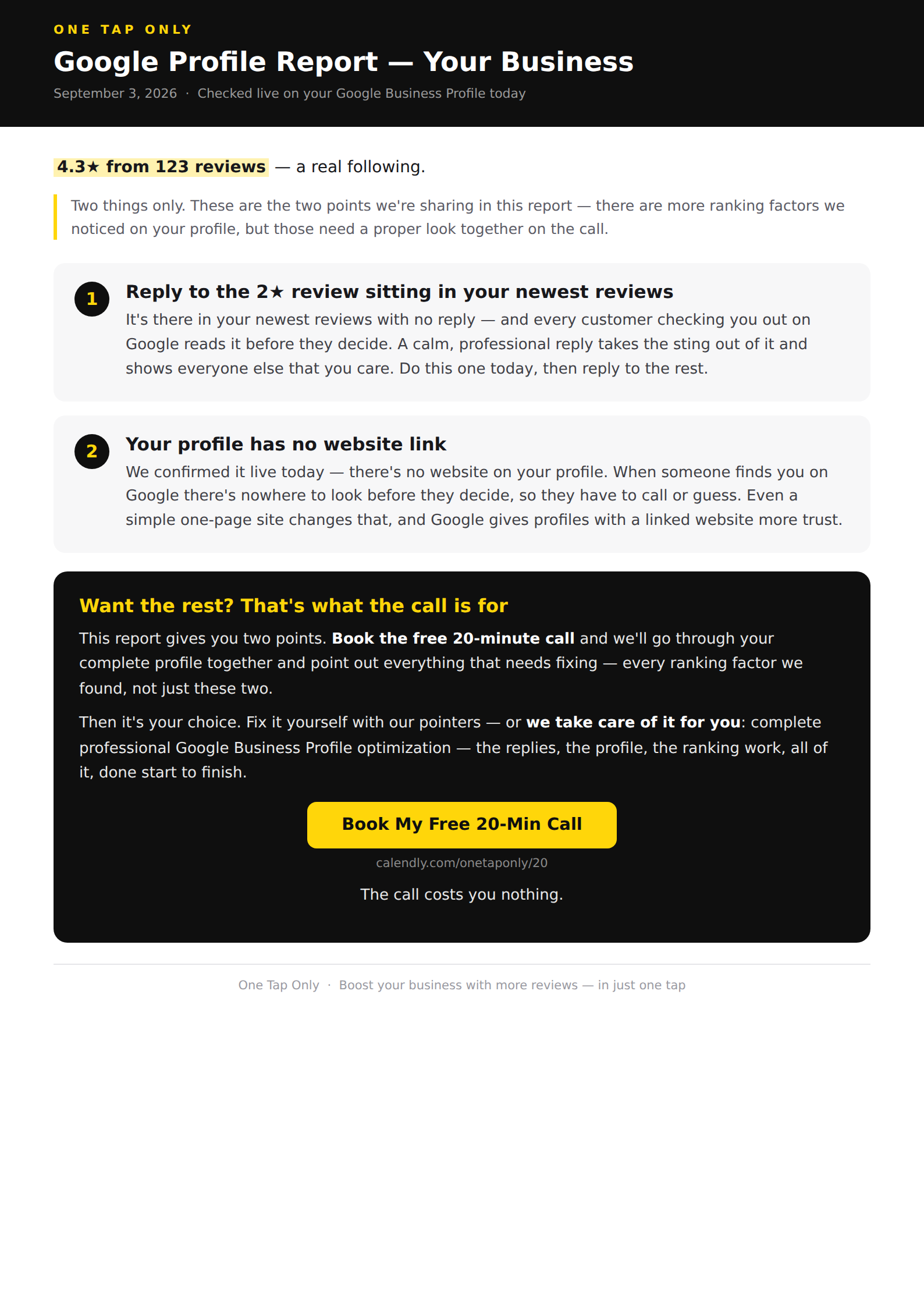 Page one of a real Google Business Profile audit report